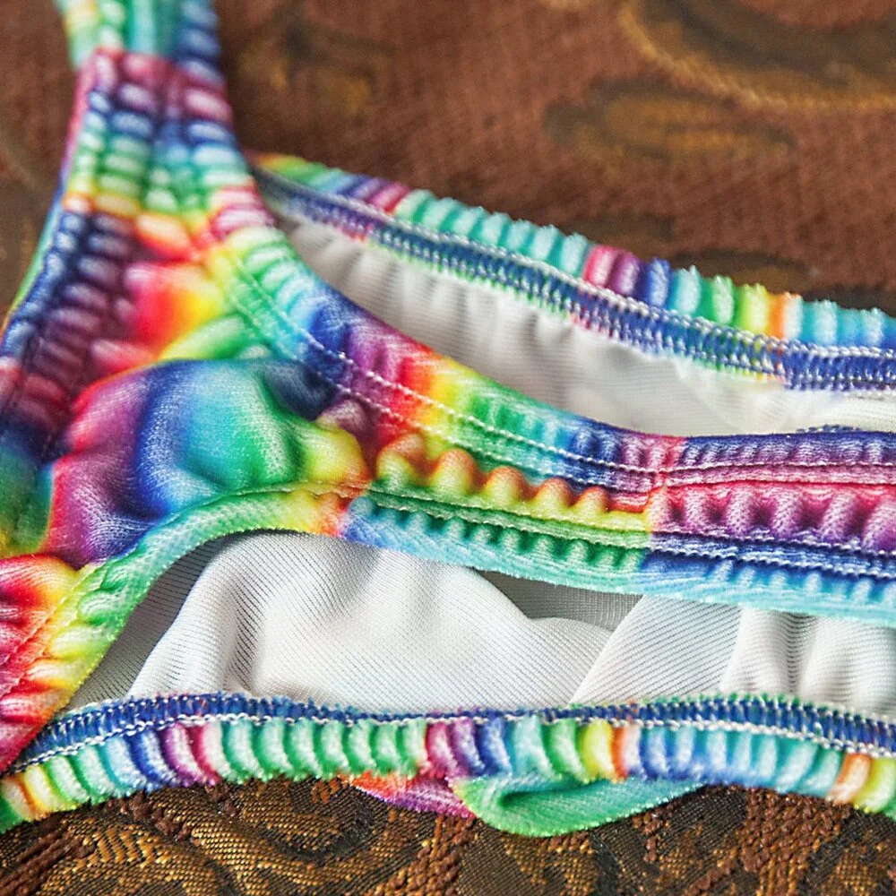 Mens Rainbow Velvet Thin Sides Thong Handmade - Picture 6 of 6